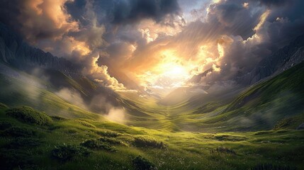 Obraz premium A dramatic sky with the sun's rays breaking through the dark clouds and casting an enchanting glow on the landscape below. The grassy meadow below is bright and lush.