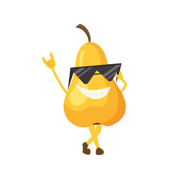 Cool funky yellow pear isolated cartoon character wearing sunglasses gesturing hippie hands sign