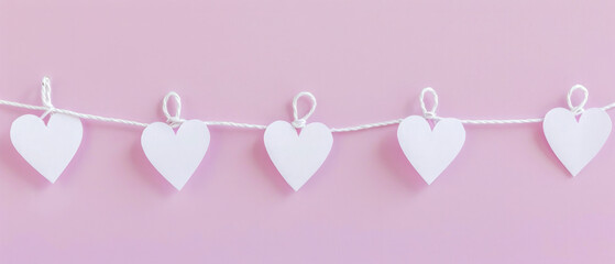 Happy Valentine's Day wedding birthday background  greeting card love - White hearts hang on a string, with pastell purple background