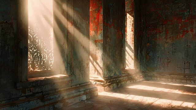 Shadows dance along the walls of the shrine their edges tinged with an ethereal shimmer as though the spirits of the past still linger within.