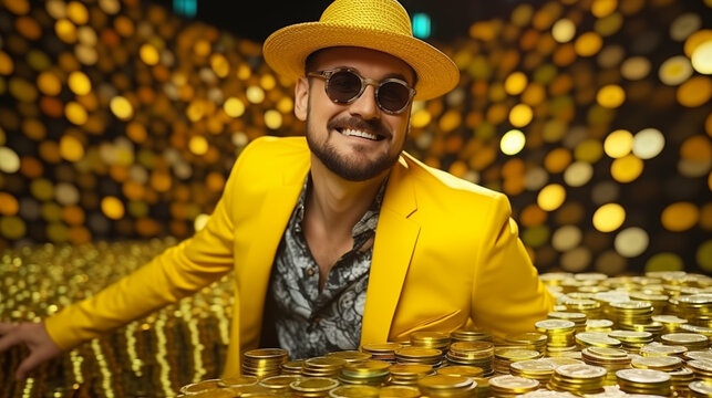 Billionaire man in abondance of money coins or cryptos
