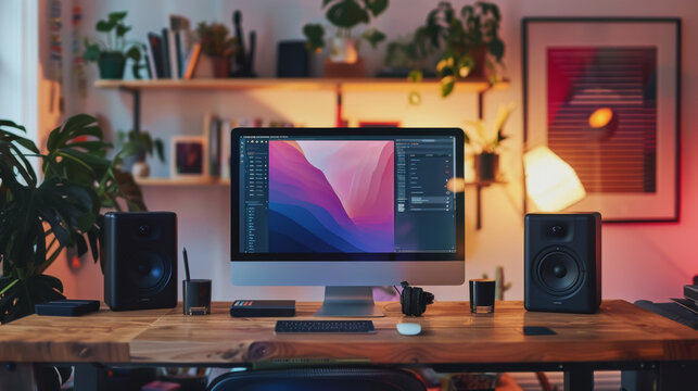 A computer monitor sits on a wooden desk in front of two speakers. The monitor is displaying a colorful desktop. The room is well-lit and has a cozy atmosphere
