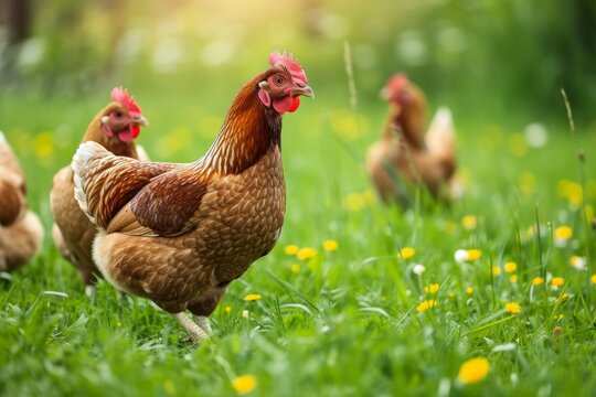 View from beside body of a three Sussex chicken standing on grass, Awe-inspiring, Full body shot ::2 low Angle View