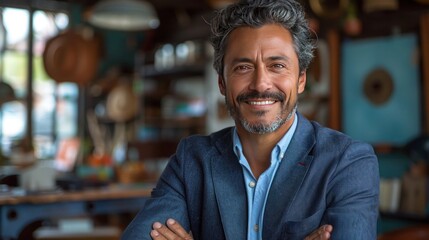 Obraz premium Happy confident mature Latino business owner sitting in his office