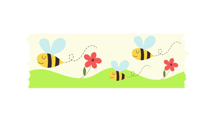 Decorative washi tape with cute honey bee insects design flying over meadow vector illustration