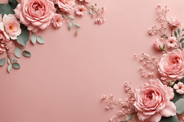 Delicate pink roses and babys breath on a soft blush background