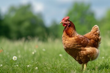 Fototapeta premium View from side body of a Rhode Island Red standing on grass, Awe-inspiring, Full body shot ::2 Side Angle View