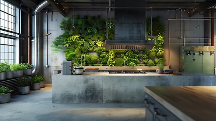 loft kitchen with a large concrete island, a metal range hood, and a wall of green plants in industrial-style planters