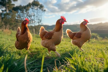 View from side body of a three Brahma chicken standing on grass, Awe-inspiring, Full body shot ::2 Side Angle View