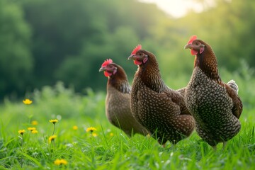 Naklejka premium View from side body of a three Wyandotte chicken standing on grass, Awe-inspiring, Full body shot ::2 Side Angle View