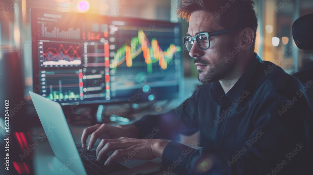 Poster portrait of trader a laptop reviewing graphs and charts and data analytics visualizations on their s