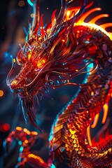 A dragon with glowing eyes and bright colors.