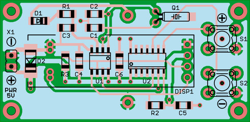 Naklejka premium Vector printed circuit board of electronic device with components of radio elements, conductors and contact pads placed on pcb. Engineering technical drawing.