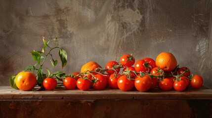 Photography of cherry tomatoes and mandarins in a still life composition