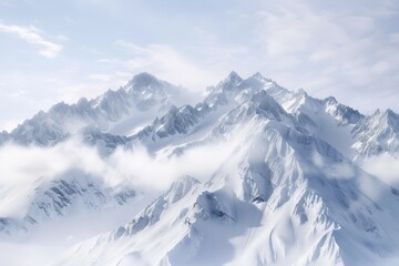 Snow-covered mountain range with jagged peaks, shrouded in mist and clouds. Bright sunlight enhances the pristine, icy landscape, creating a serene and majestic alpine scene.