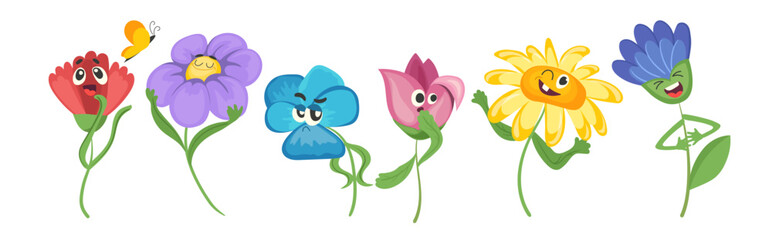 Cute comic flowers cartoon characters, funny floral cartoon mascot, smiley wildflower caricature set