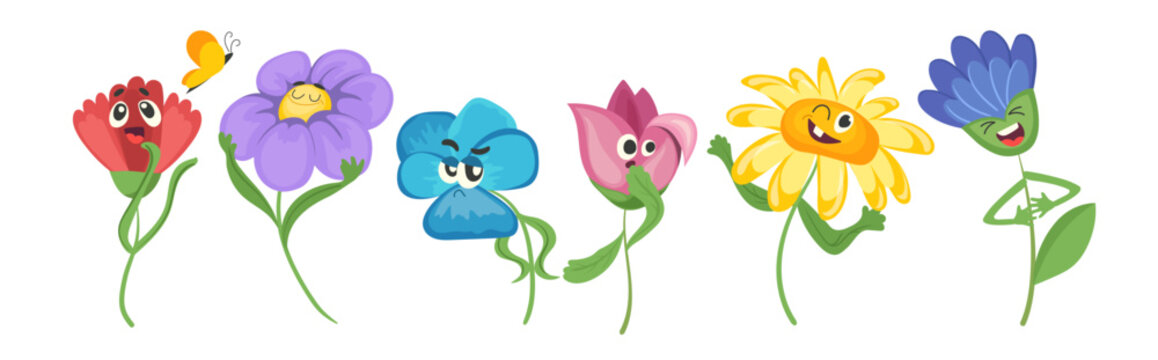 Cute comic flowers cartoon characters, funny floral cartoon mascot, smiley wildflower caricature set