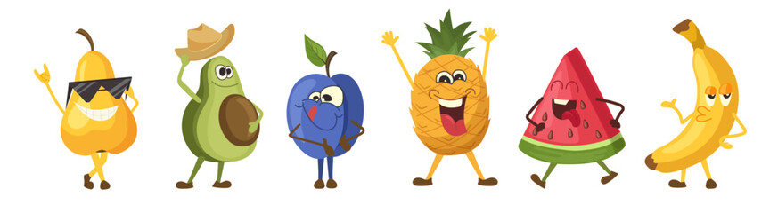 Happy fruits funny cartoon characters cute flat food emoticons vector illustration isolated set