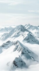Fototapeta premium Aerial view of snow-covered mountain peaks piercing through a sea of clouds under a serene blue sky, showcasing the majestic and pristine beauty of the alpine wilderness.
