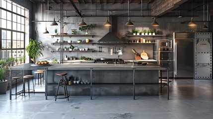 modern industrial kitchen with a large island, concrete countertops, and open metal shelving