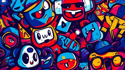 A colorful illustration of many different cartoon characters.