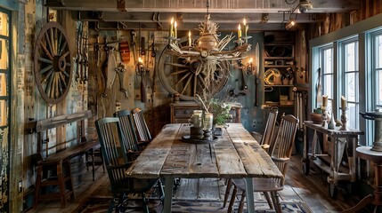 Fototapeta premium rustic dining room with a reclaimed wood table, mismatched chairs, and a chandelier made from an old wagon wheel, with walls decorated with vintage farm tools