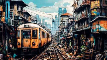A yellow train is on the tracks in a city with many buildings