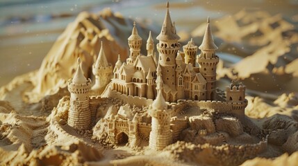 Fototapeta premium Sand castle with towers on the shore of the sandy beach. Travel summer vacations concept