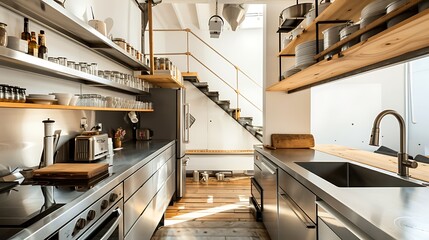 Fototapeta premium spacious loft apartment with a minimalist industrial kitchen, featuring stainless steel countertops and open wooden shelves