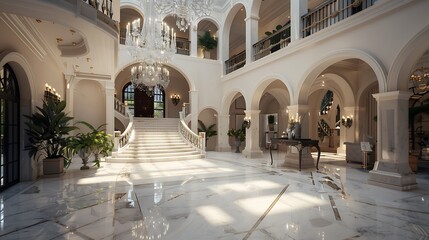 elegant atrium with a white marble floor, a cascading crystal chandelier, and a series of arches leading to different sections of the home