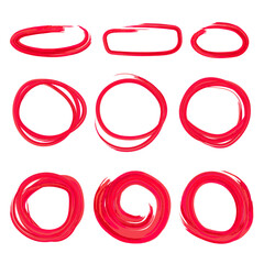 Hand drawn drawing with red marker in doodle style with red circle frame. Draw a round frame for checking, highlight the text. Transparent grunge style. Vector illustration