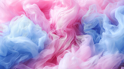 Fototapeta premium Abstract texture of flowing pink and blue fabrics on a light base. Soft fabrics clouds in pink and blue, ideal for backgrounds. Flowing pink and blue fabrics waves, a dreamy and artistic expression