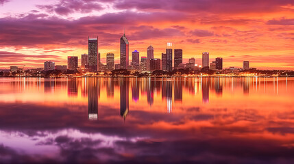 Fototapeta premium A city skyline is reflected in the water at sunset.