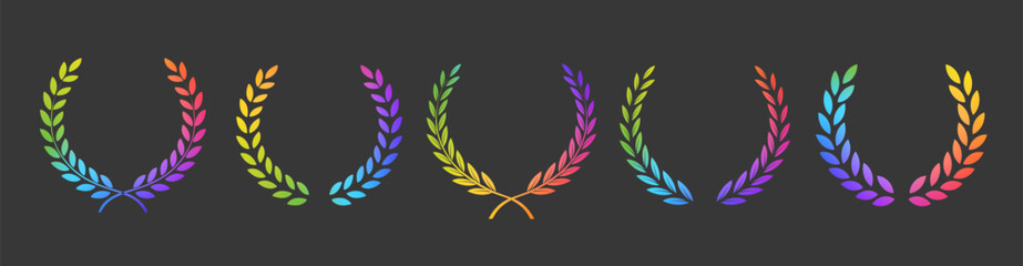 Vector laurels collection. Laurel wreath silhouettes. Bright color frames set. Rainbow gradient. Trophy award, winner emblem
