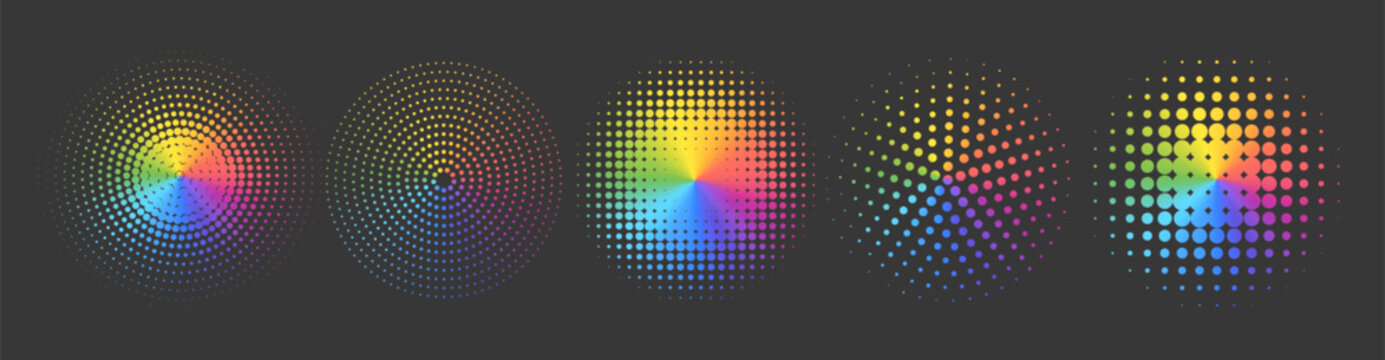 Abstract rainbow color circles with dots texture. Round dotted frames set with multi color gradient. Spotted spray or brush. Vector design element
