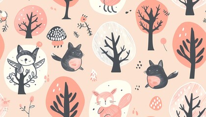 Obraz premium Seamless pattern of cute forest creatures. Cartoon animals and trees on pink background.