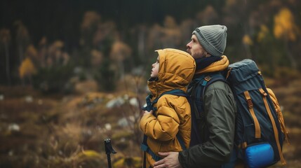 Naklejka premium A father and son, dressed in warm clothing and backpacks, enjoying a hike in a scenic forest during autumn