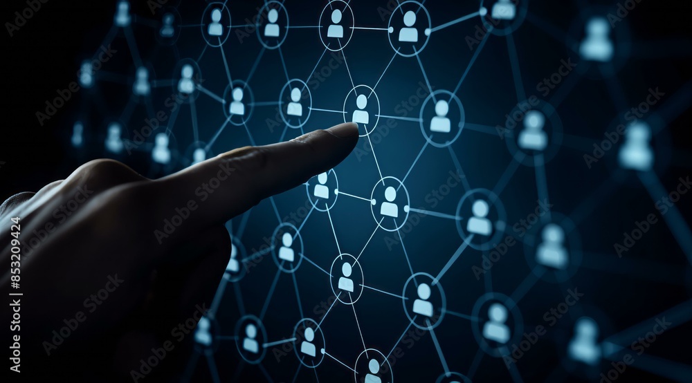Poster a person's hand interacts with a digital social network, symbolizing connectivity and interaction am