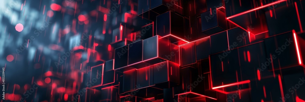 Poster a visually striking abstract design featuring a collection of black and red cubes with luminous red 