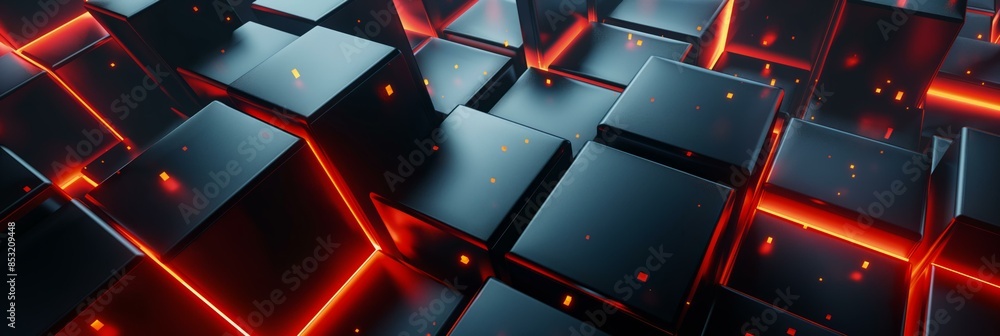 Poster a visually striking abstract design featuring a collection of black and red cubes with luminous red 
