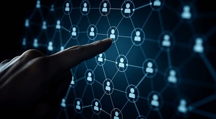 A person's hand interacts with a digital social network, symbolizing connectivity and interaction among various users represented by icons connected through lines.