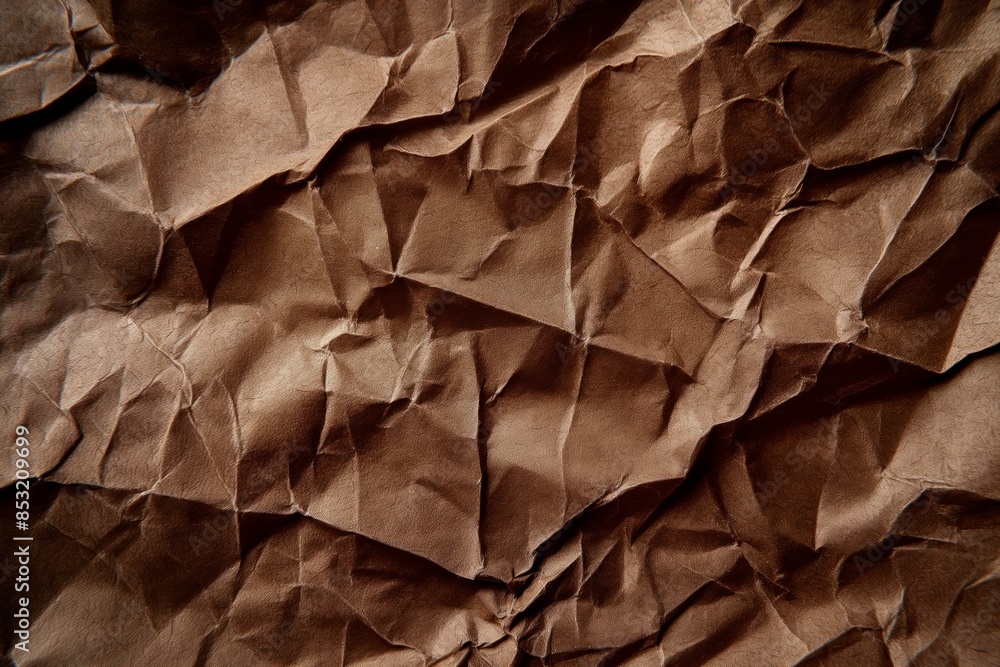 Poster a close-up view of a brown paper texture with visible rough, crumpled edges and creases, giving it a