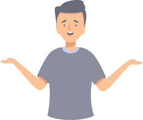 Happy male character is shrugging with raised arms, uncertainty and doubt concept