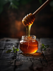 Honey Drizzling from a Wooden Honey Dipper into a Glass Jar on a Rustic Table