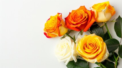 Five roses in various shades of yellow, orange, and white