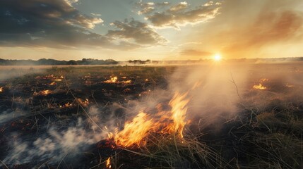 Fototapeta premium Large fire in the meadow Charred grass emitting smoke in the front