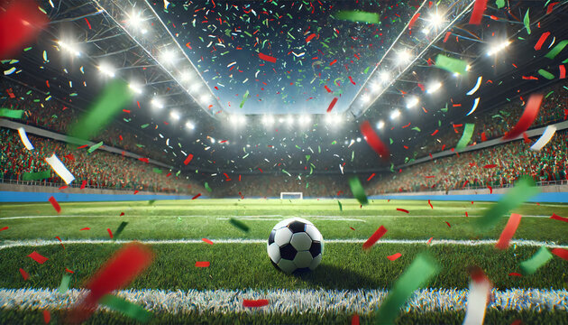 Victory Celebration with Soccer Ball in a stadion and green and red confetti , Generative Ai - Powered by Adobe