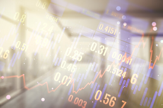 Double exposure of abstract creative financial chart hologram on empty modern office background, research and strategy concept