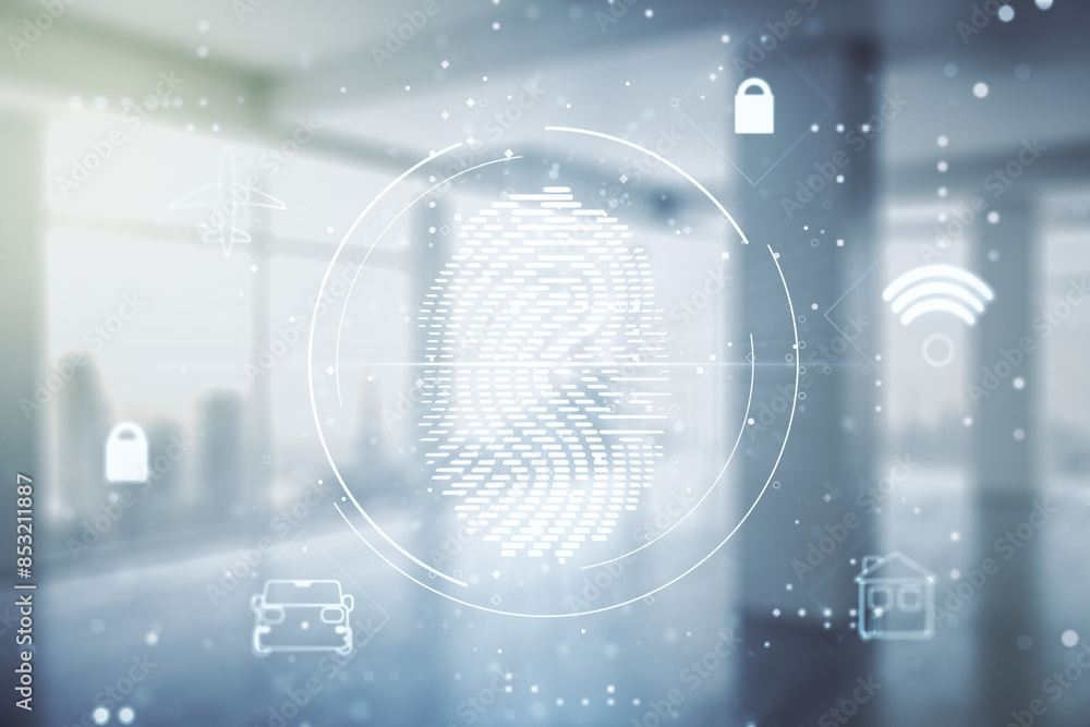 Poster double exposure of virtual creative fingerprint hologram on empty modern office background, research