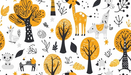 The seamless pattern features whimsical forest animals and trees.